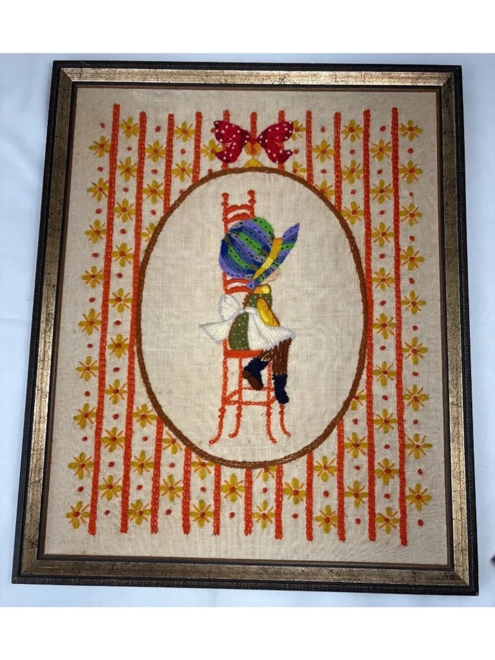 Framed Embroidered Girl on Chair Hat Bow Folk Art Wall Decor 21